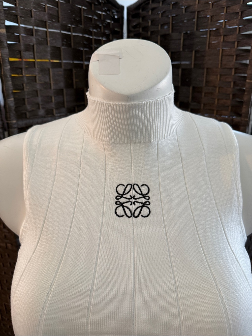 Cream Ribbed Sleeveless Mock Neck Tank with Black Contrast Logo - Picture 2 of 2
